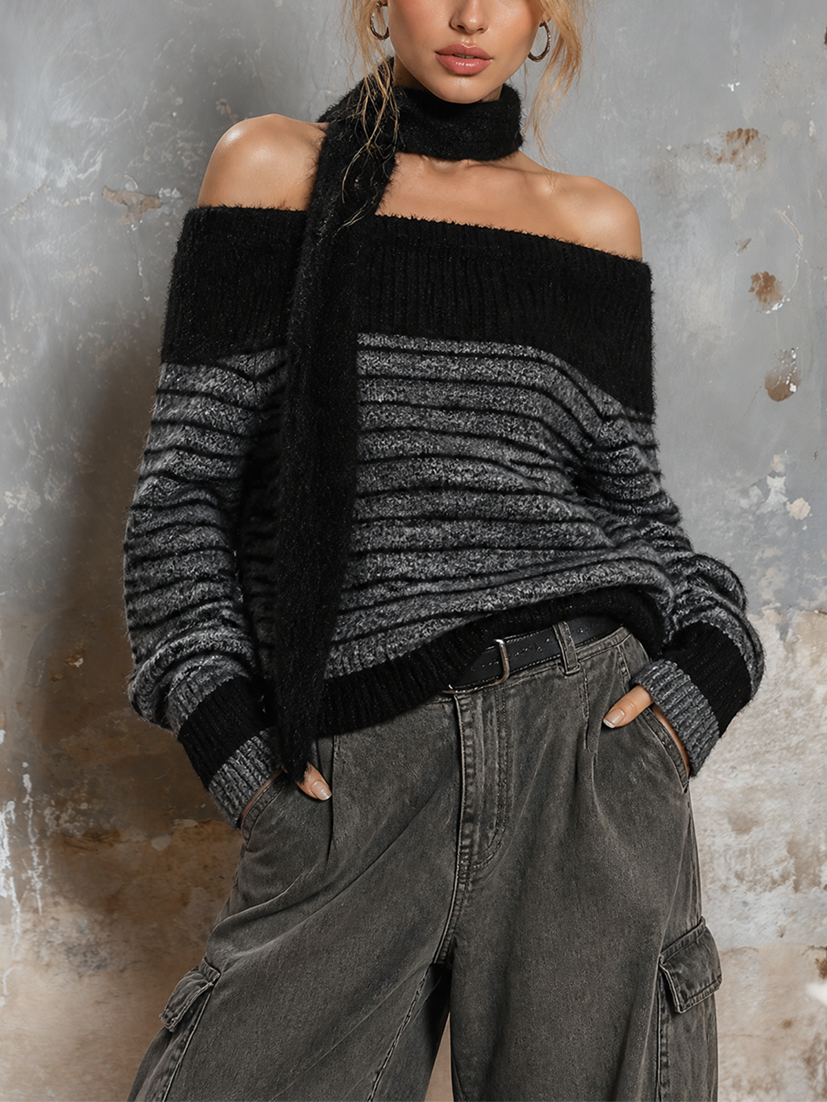 Pull rayé gris et noir à col rabattu — vue de face. Soniel Paris.