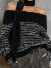 Pull rayé gris et noir à col rabattu — vue de dos. Soniel Paris.