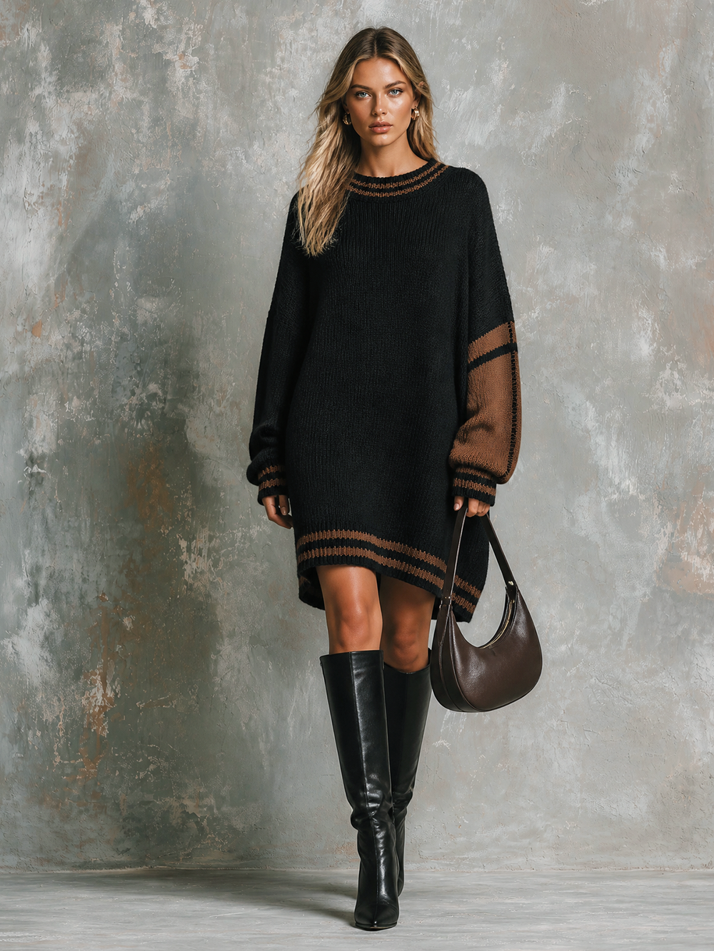 Robe-pull noir et brun à col rond — vue de profil. Soniel Paris.