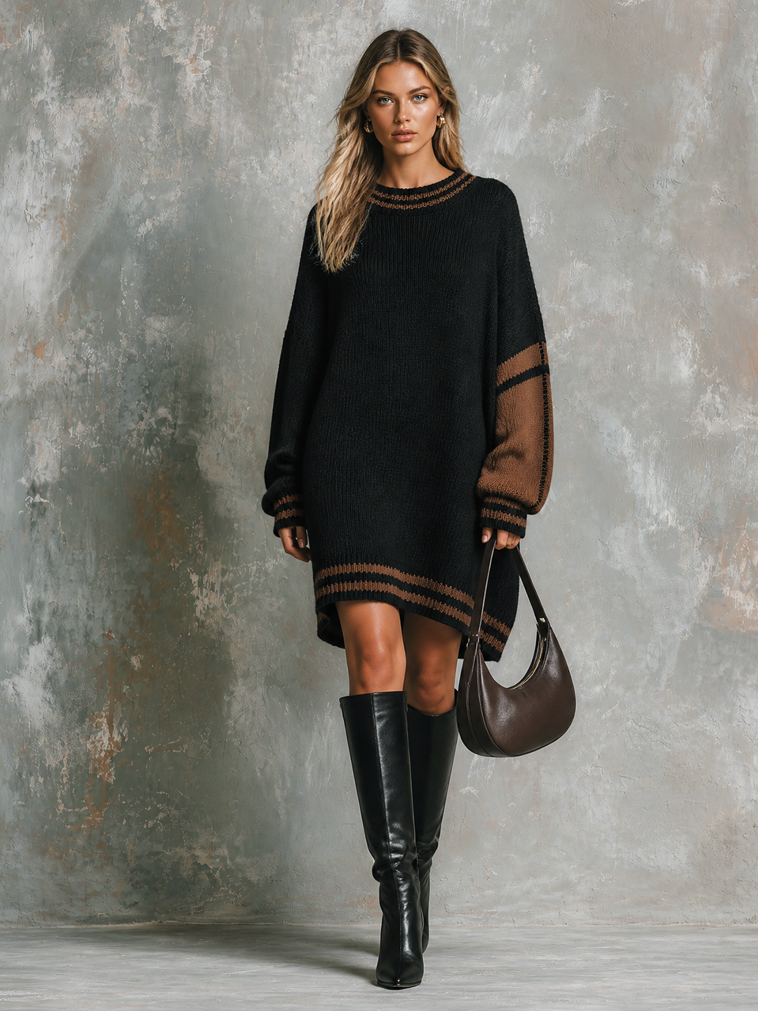 Robe-pull noir et brun à col rond — vue de profil. Soniel Paris.