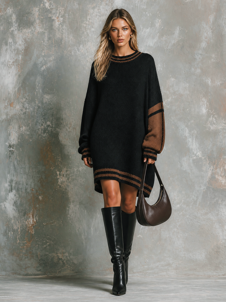 Robe-pull noir et brun à col rond — vue de profil. Soniel Paris.