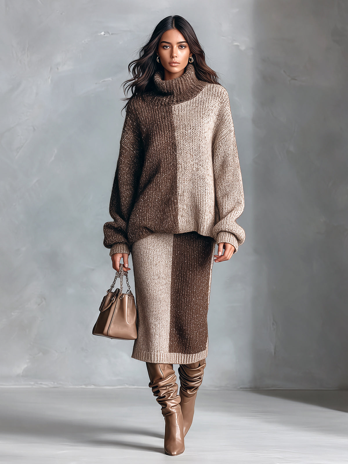 Ensemble bicolore pull et jupe midi — vue en pied.