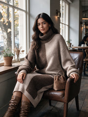 Ensemble bicolore pull et jupe midi — vue portée assise.