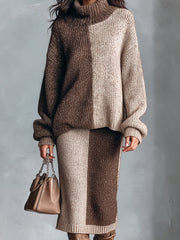 Ensemble bicolore pull et jupe midi — détail des empiècements contrastés.