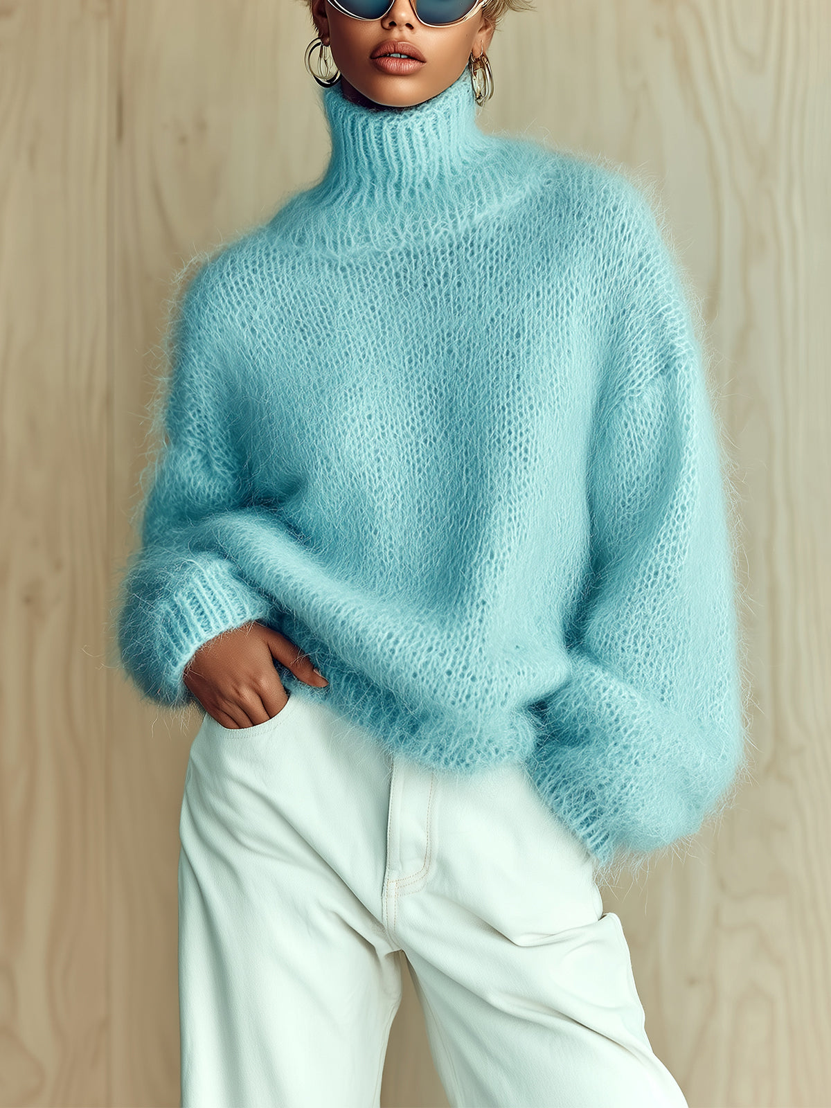 Pull texturé à col montant bleu ciel — vue portée de face, main dans la poche