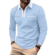 Polo à col zippé contrastant bleu ciel, col blanc — vue portée de face
