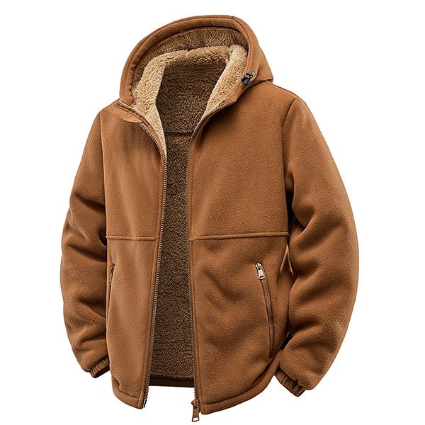 Veste marron à capuche, ouverte de trois quarts avec doublure beige.