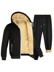 Ensemble veste zippée capuche — noir présenté à plat, veste ouverte doublée sherpa et jogging