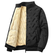 Blouson noir à col montant, ouvert sur un intérieur clair.