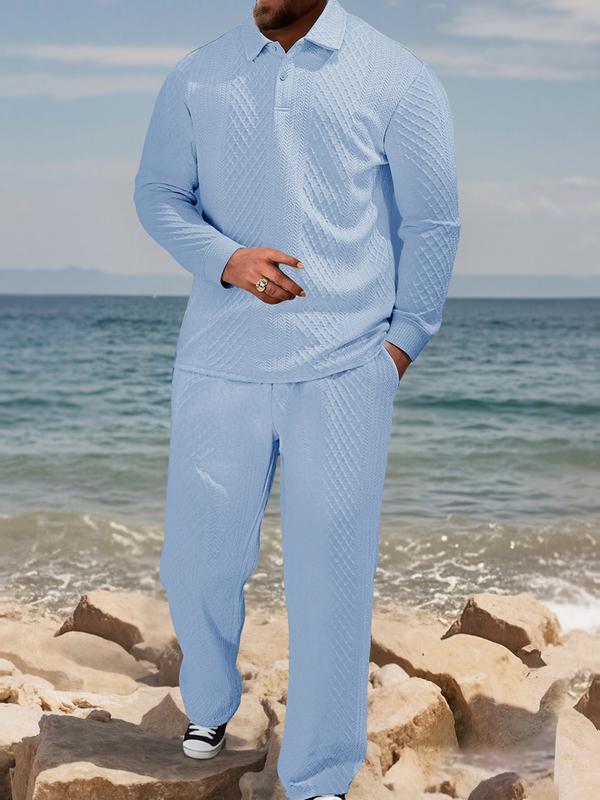 Ensemble polo texturé pantalon cordon bleu clair — vue portée en pied