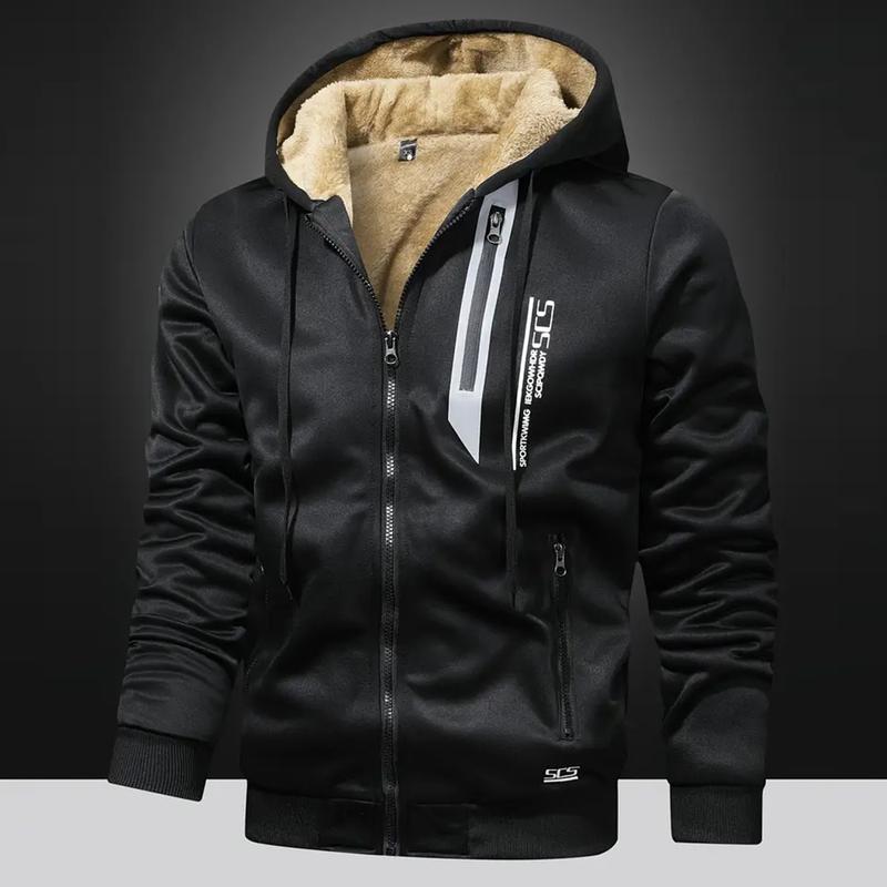 Blouson noir à capuche et doublure beige, marquages visibles sur la pièce.