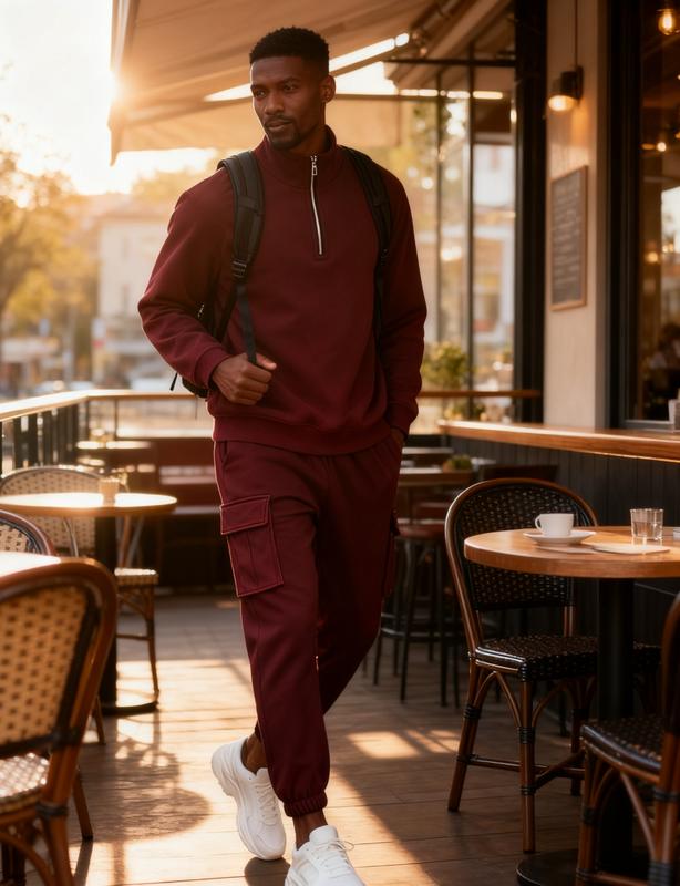 Ensemble col zippé cargo bordeaux — vue portée en pied, terrasse de café