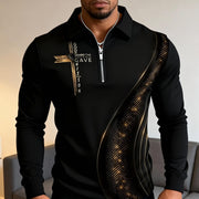 Polo demi-zip noir et or — vue portée de face