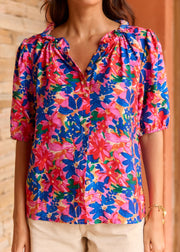 Chemise fleurie bleu rose manches courtes