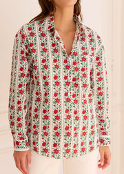 Chemise crème à fleurs rouges et vertes