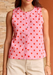 Top rose bonbon à pois boutonnée