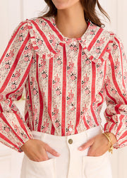 Blouse rouge rayée fleurie