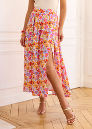 Jupe longue fleurie orange violet