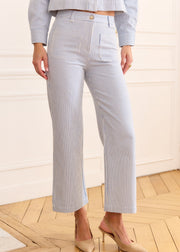 Pantalon rayé bleu et blanc taille haute