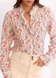 Chemise beige fleurie rose