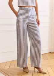 Pantalon rayé bleu et blanc taille haute