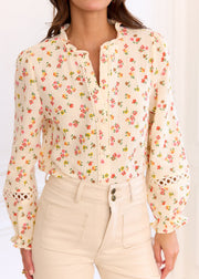Blouse beige fleurie rose jaune