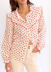 Chemise beige fleurie rouge