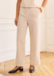 Pantalon ivoire en lin à rayures noires