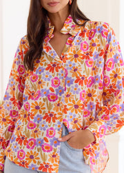 Chemise fleurie asymétrique orange violet