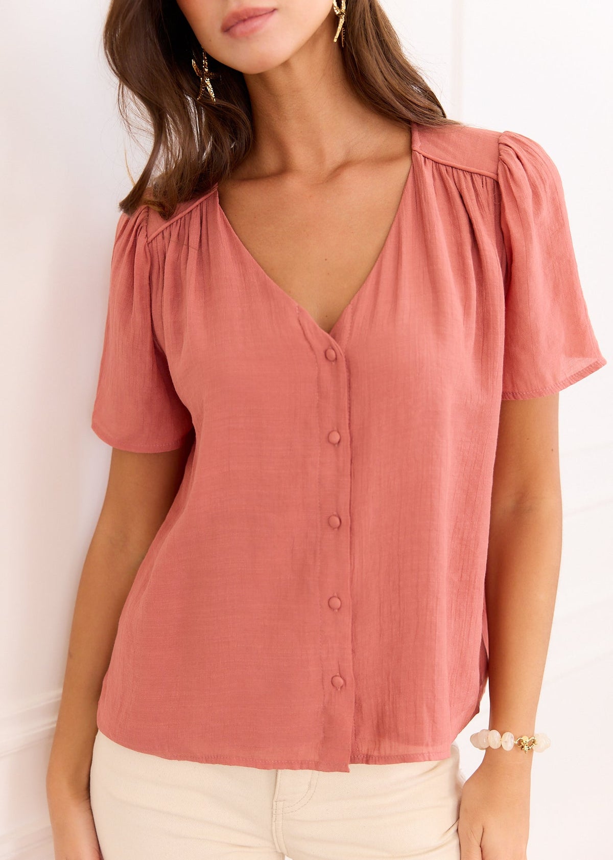 Blouse vieux rose fronces épaules