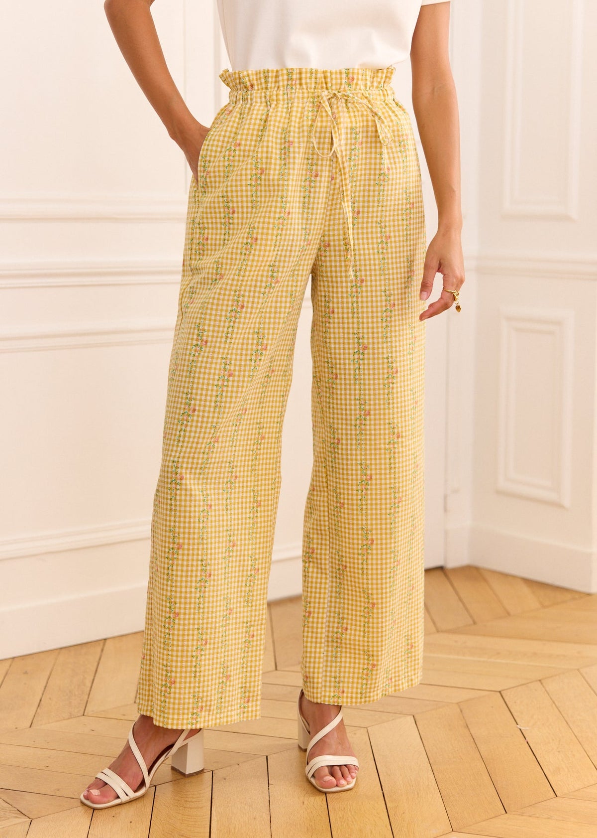 Pantalon vichy fleuri jaune