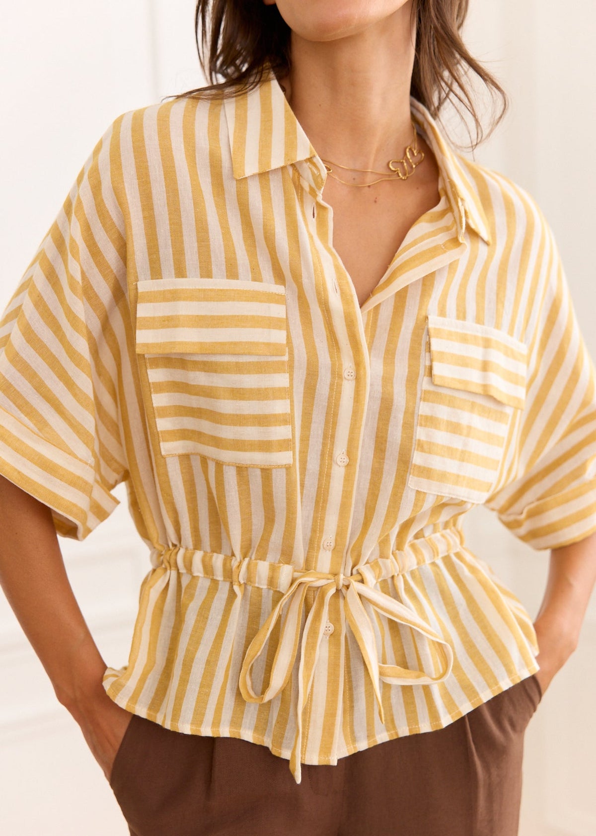 Blouse rayée jaune poches à rabats