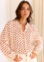 Blouse beige fleurie rouge