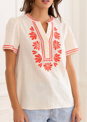 Blouse écrue motifs rouge brodée