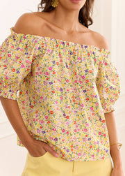 Blouse fleurie jaune épaules dénudées