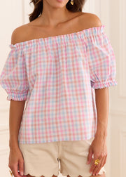 Blouse carreaux rose bleu col bardot