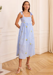 Robe midi rayée bleu blanc brodée