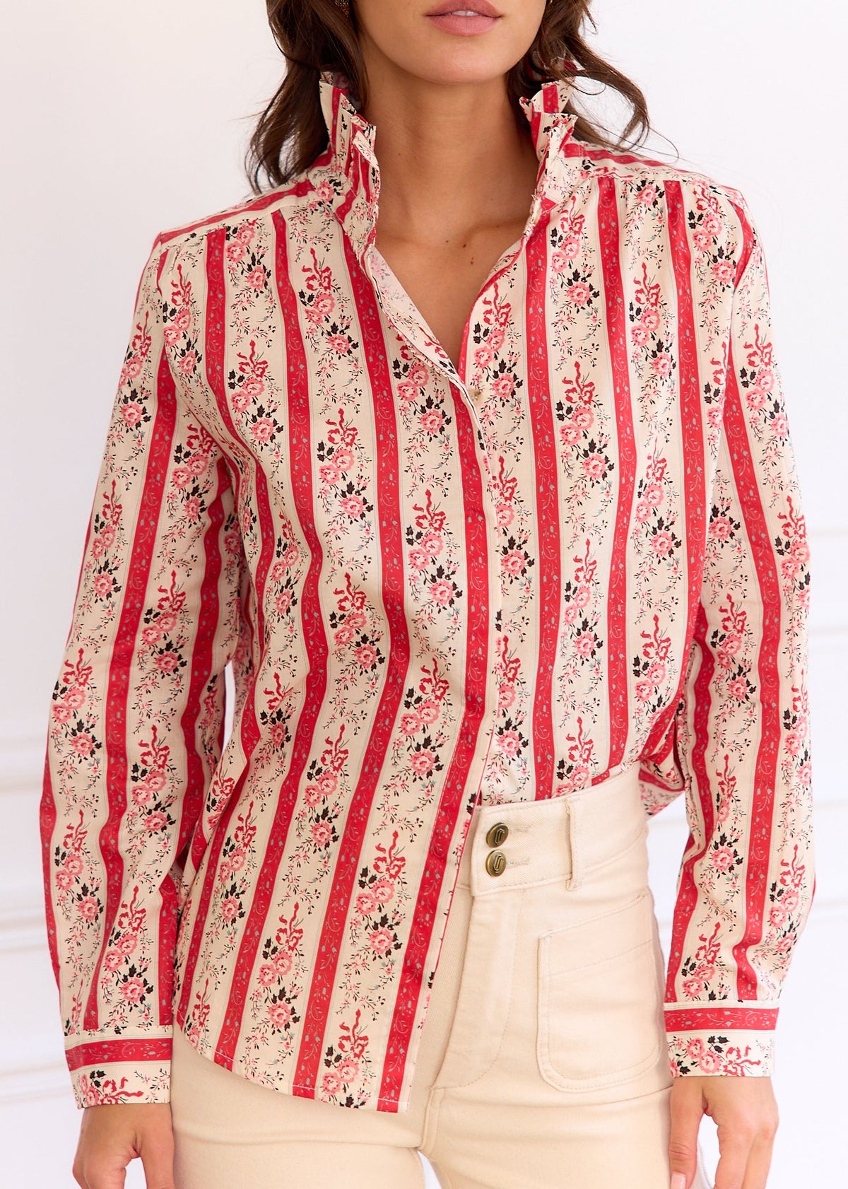 Blouse rayée fleurie col volanté
