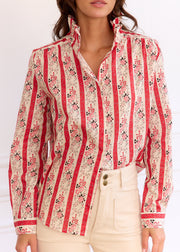 Blouse rayée fleurie col volanté