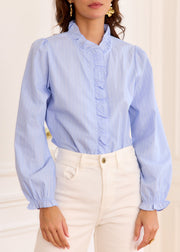 Blouse bleue rayée col volanté