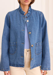 Veste denim col montant volanté