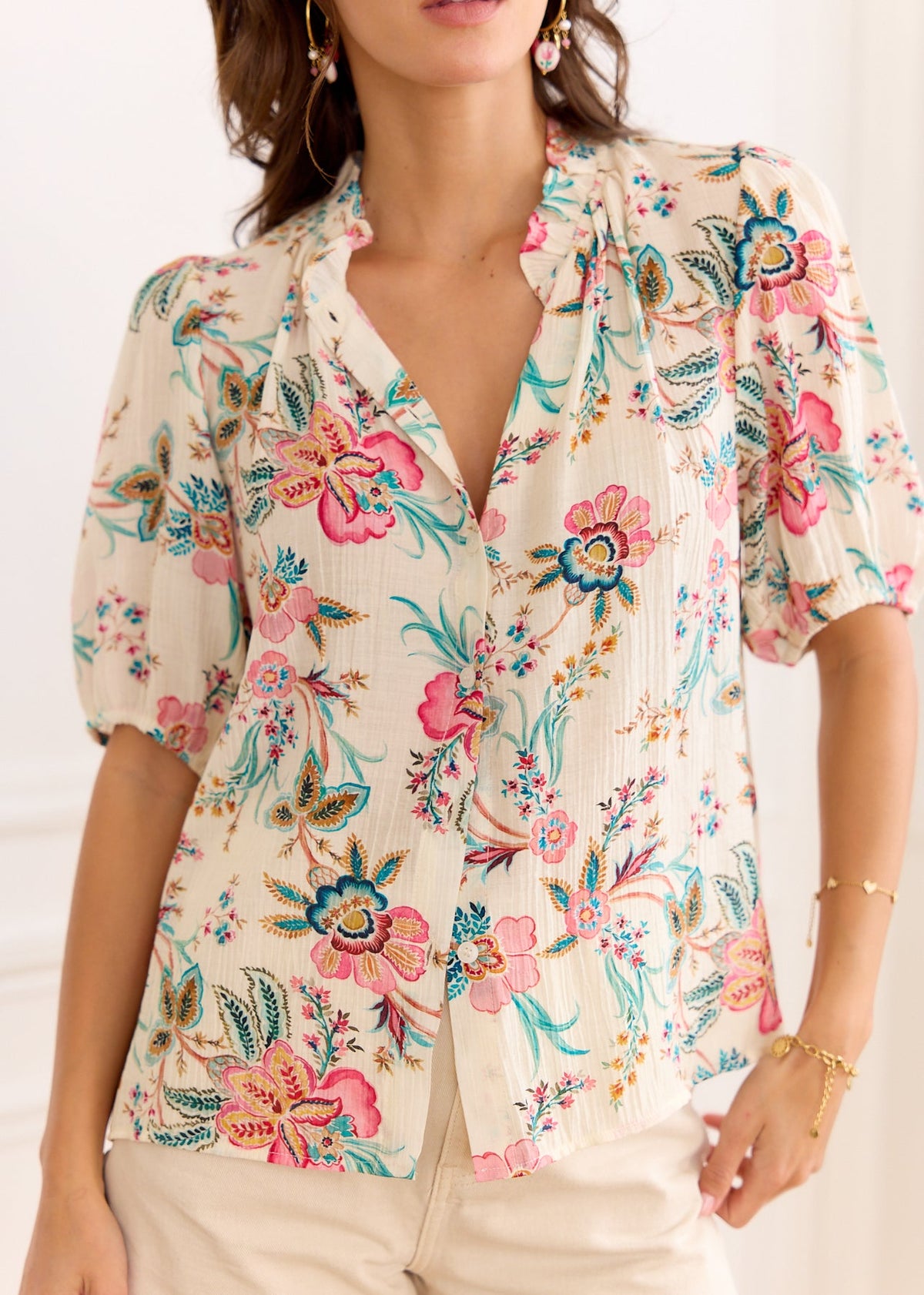 Blouse beige fleurie rose vert