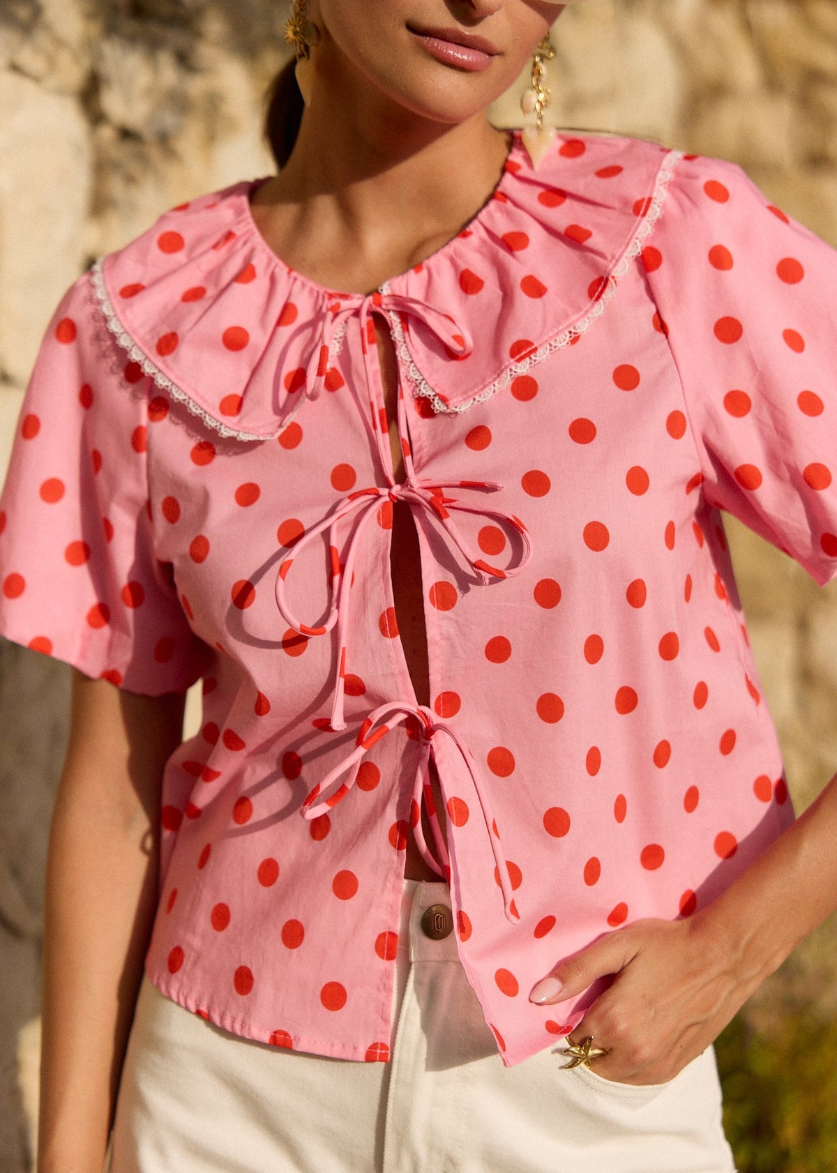 Top rose bonbon col Claudine dentelé