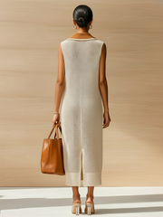 Robe maxi beige à blocs — vue portée en pied, de dos