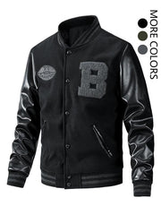 Blouson varsity à manches contrastées noir — vue de trois-quarts, avec aperçu des autres coloris