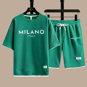 Ensemble short à imprimé Milano — vert sur cintre, short à cordon blanc