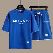 Ensemble short à imprimé Milano — bleu roi sur cintre, t-shirt et short
