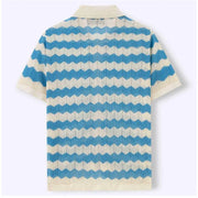 Polo maille ajourée ondulée turquoise et blanc — vue à plat, de dos