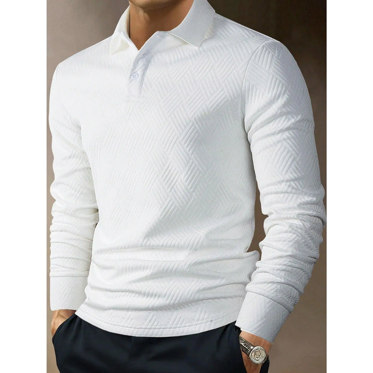 Polo maille manches longues blanc — vue portée de trois-quarts