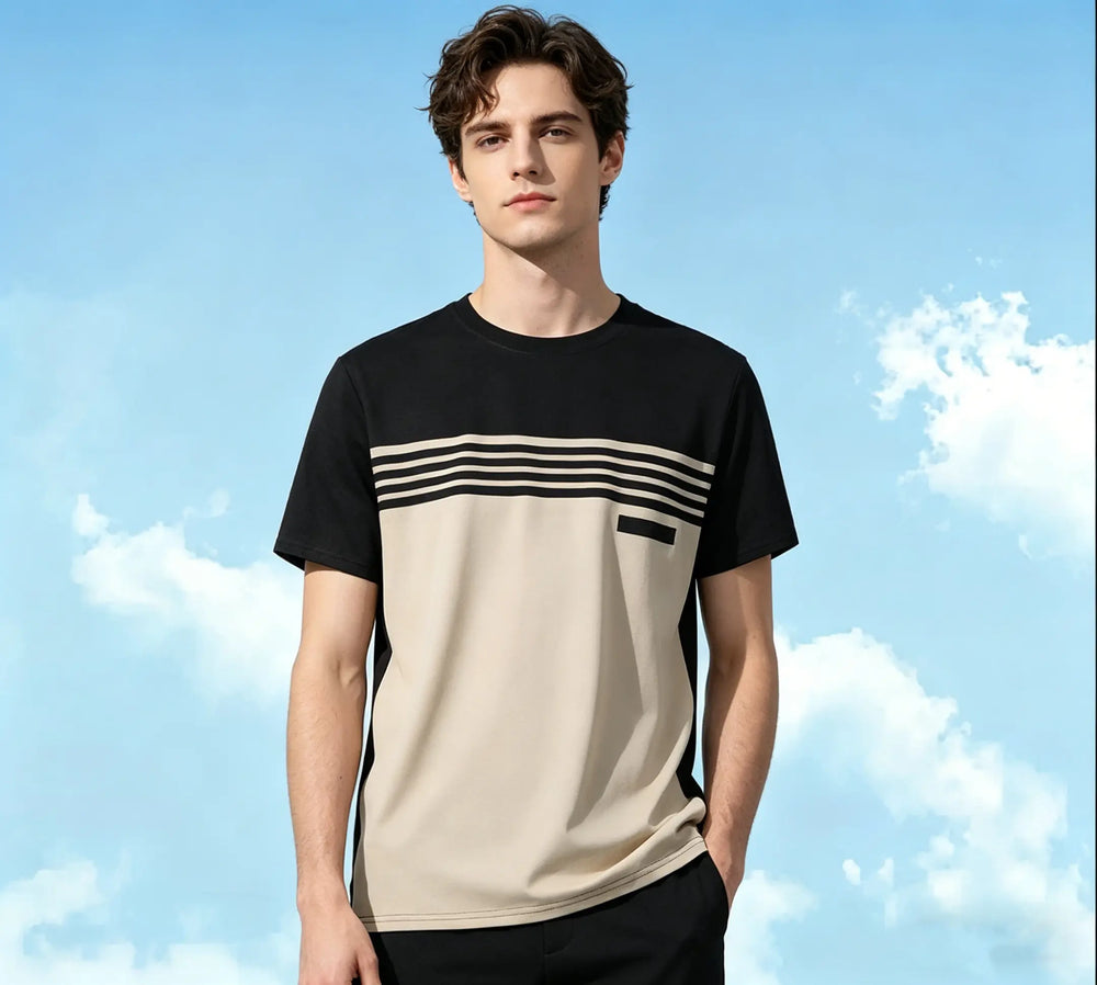 T-shirt à empiècements contrastés beige, vue portée de face